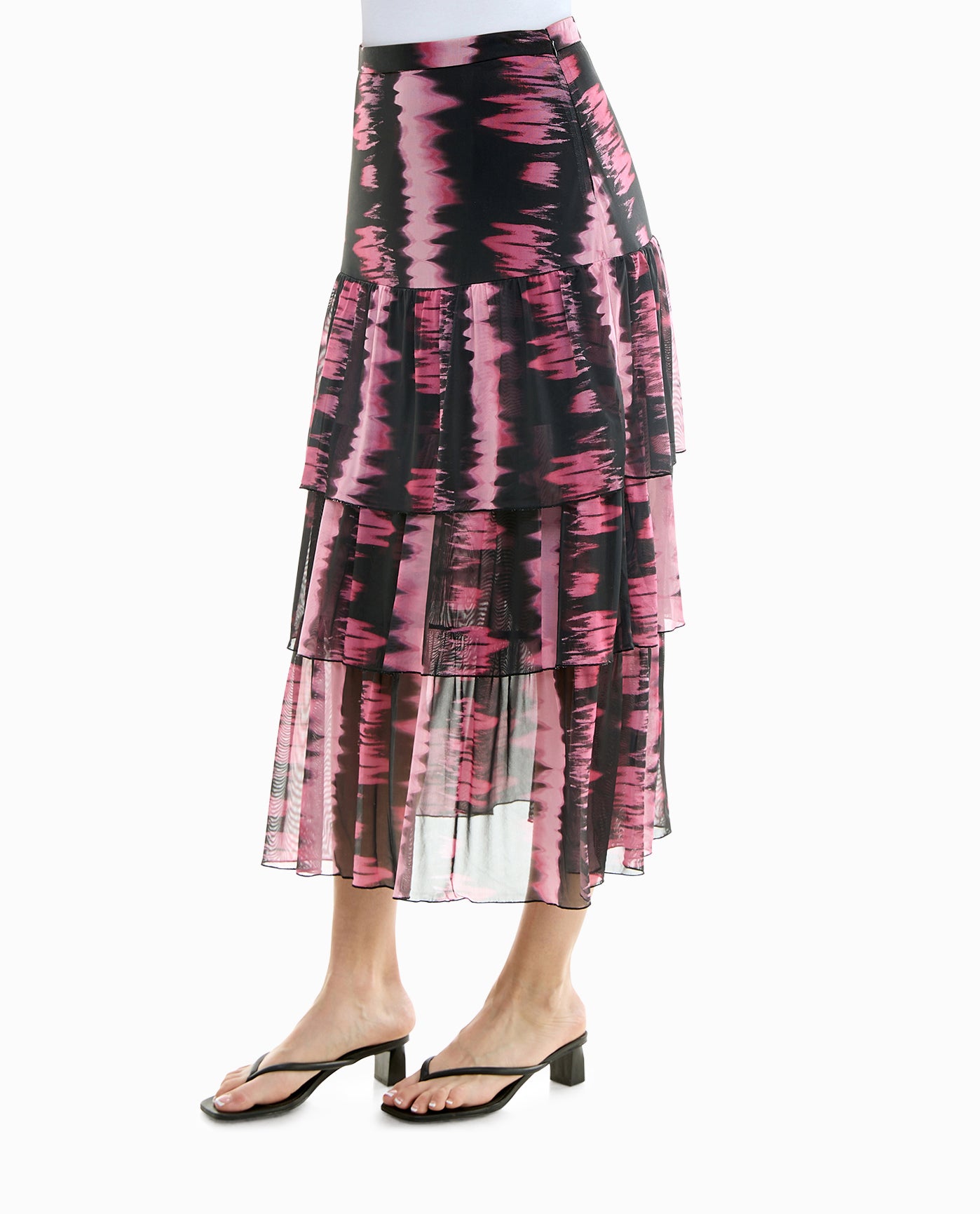 SIDE OF FLORA KNIT MESH LONG TIERED SKIRT | Pink Tie Dye