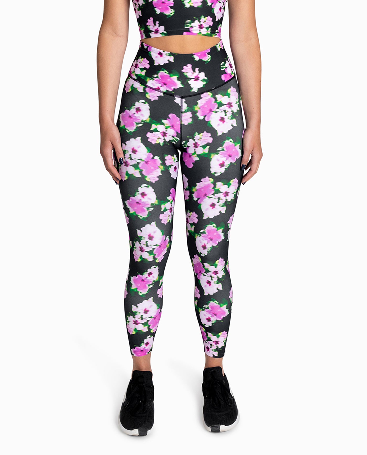 FRONT OF HIGH RISE LEGGING | Pink and Black Floral