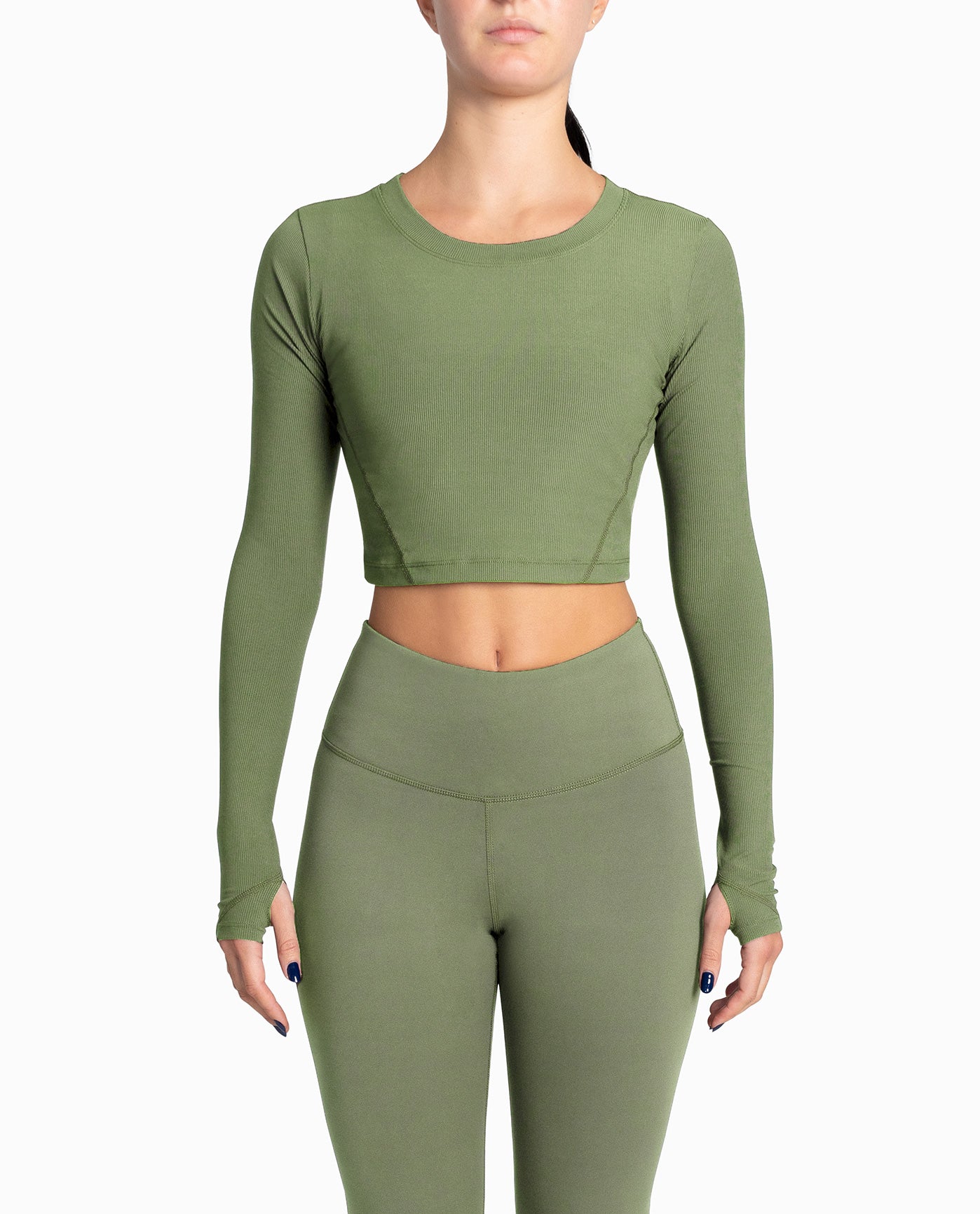 FRONT OF CROPPED ACTIVE LONG SLEEVE TOP | Olive
