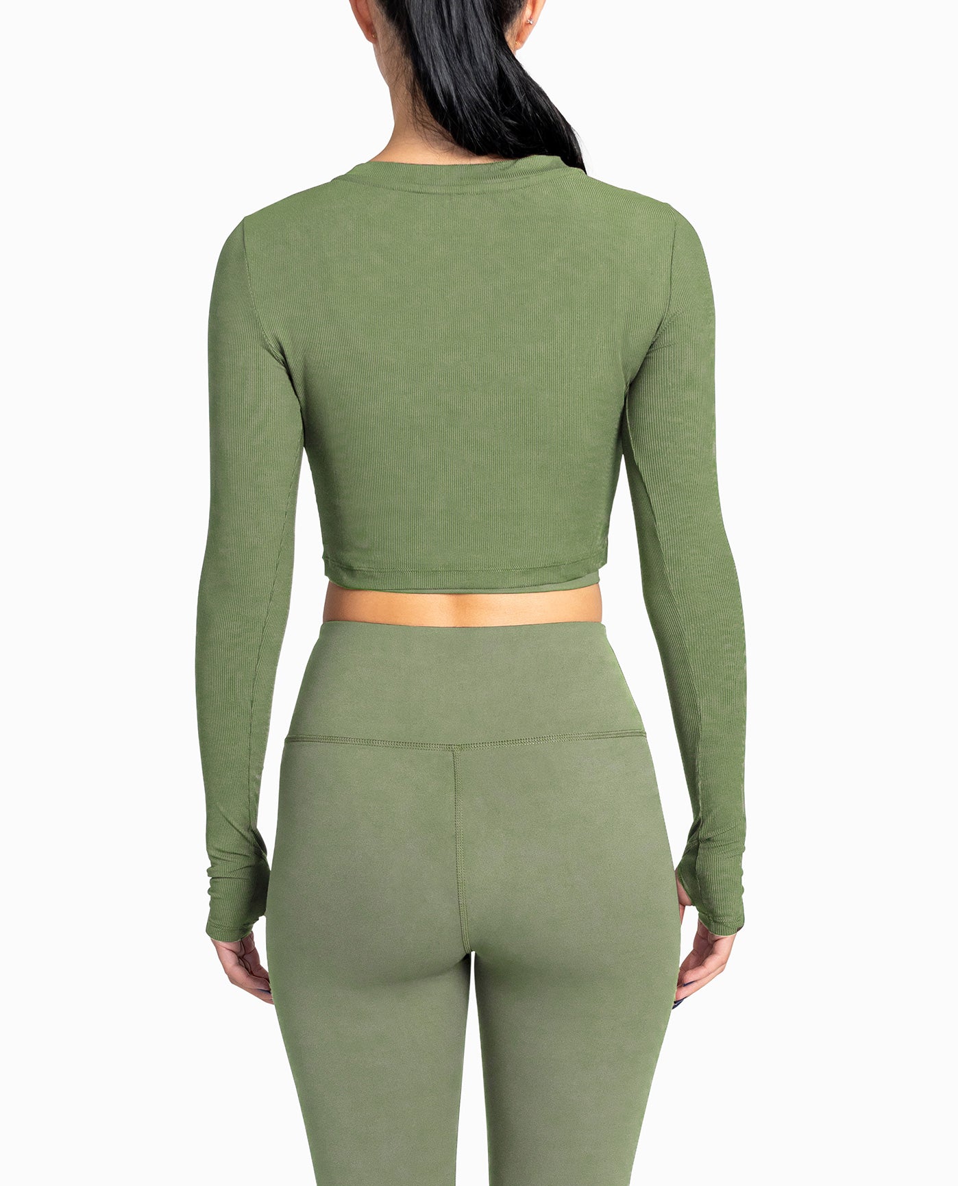BACK OF CROPPED ACTIVE LONG SLEEVE TOP | Olive