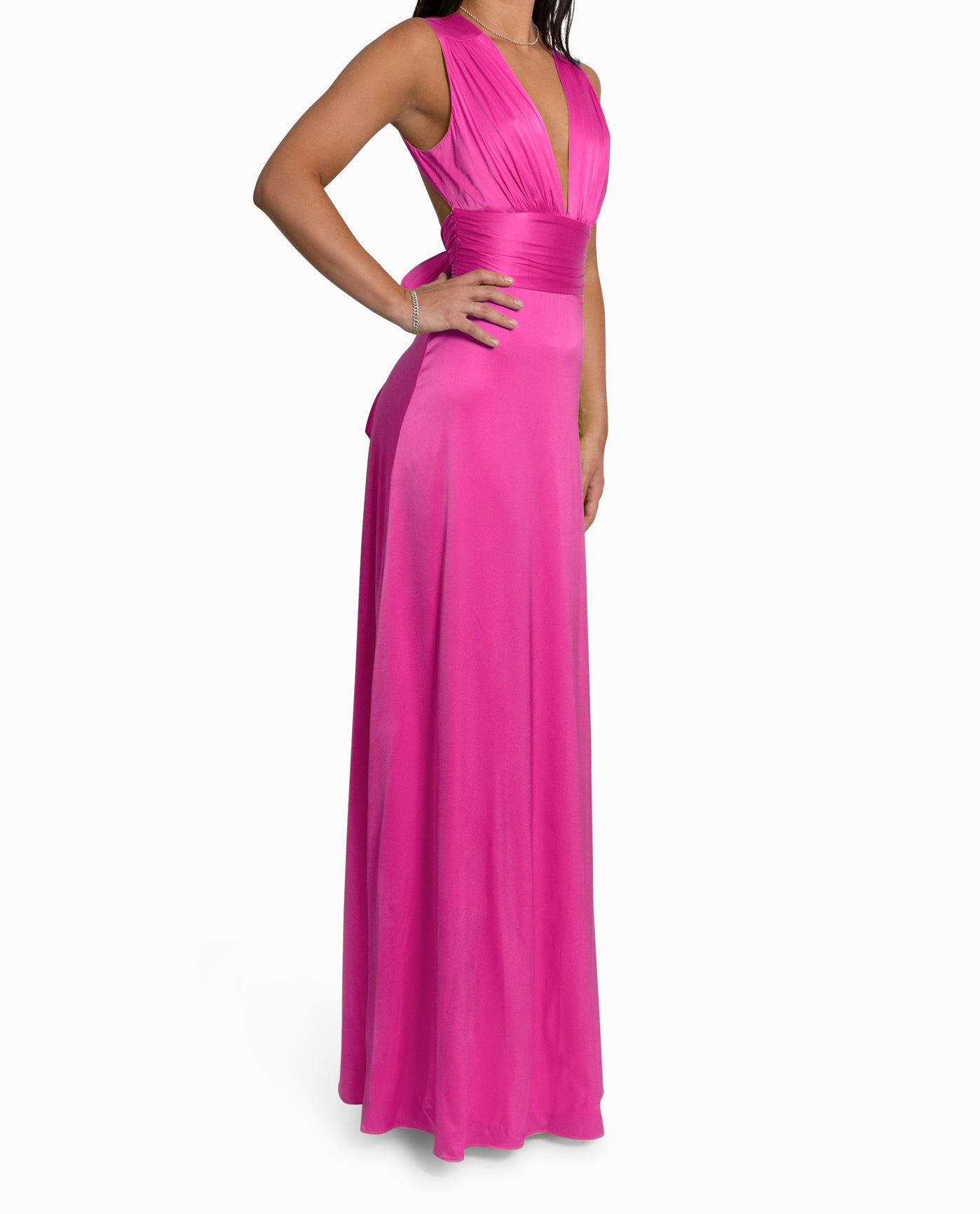 SIDE OF STRETCH SILK CHARMEUSE PLUNGE GOWN | PINK