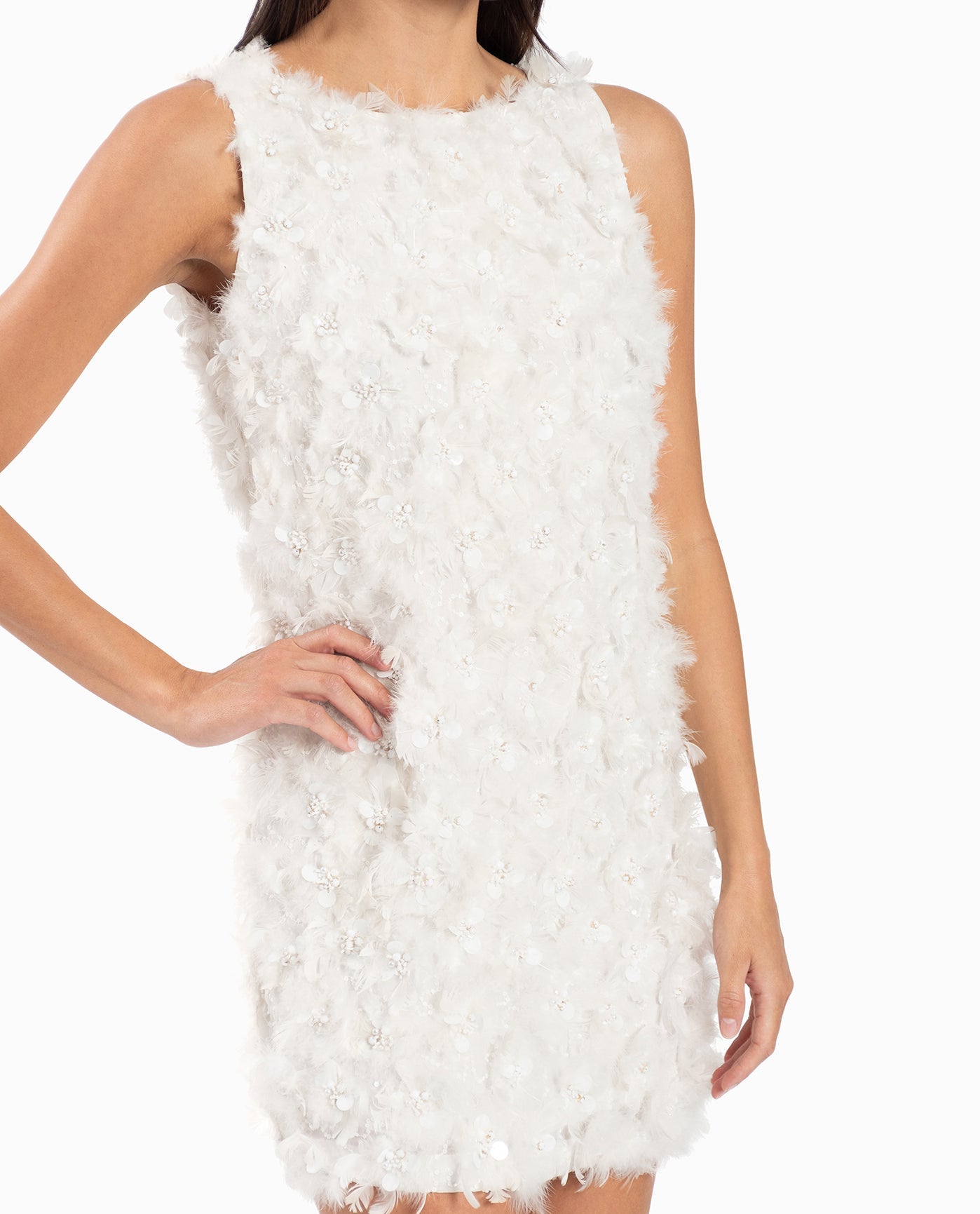 ZOOMED FRONT OF FEATHERED FLORAL SHIFT DRESS | White Feather