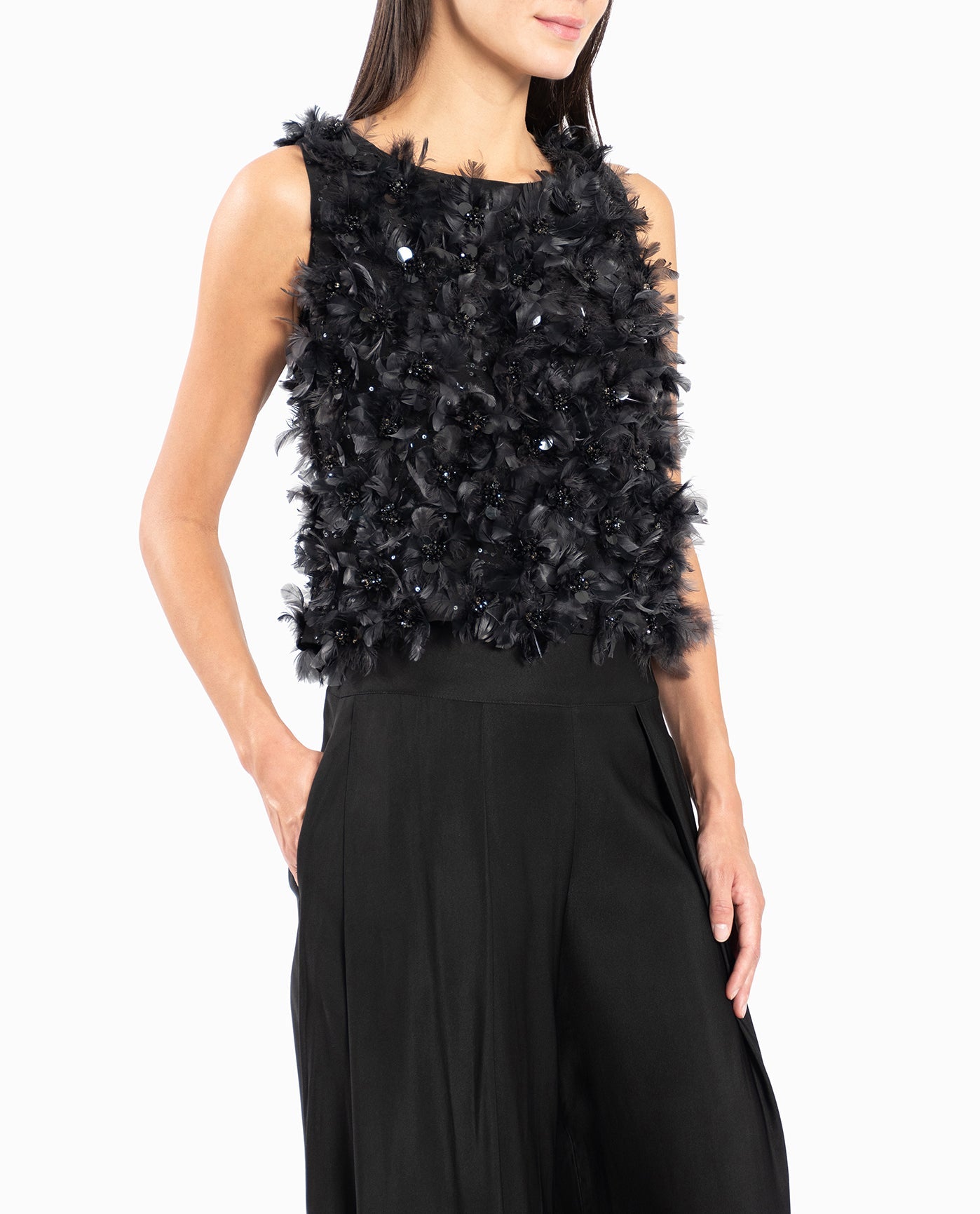 SIDE OF FEATHERED FLORAL SLEVELESS TOP | Black Feather