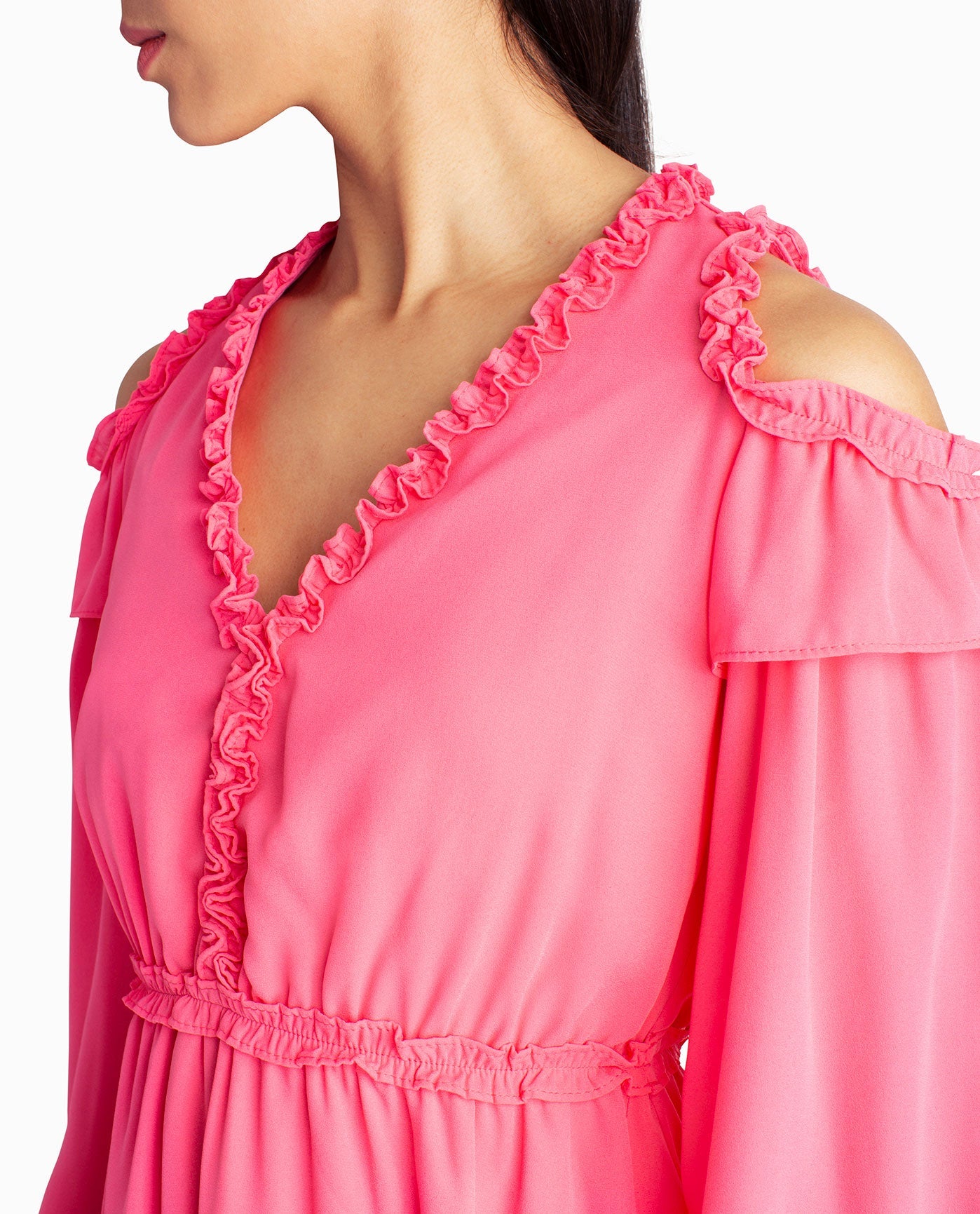 NECKLINE OF ADDISON CHIFFON A-LINE DRESS | Camellia Rose
