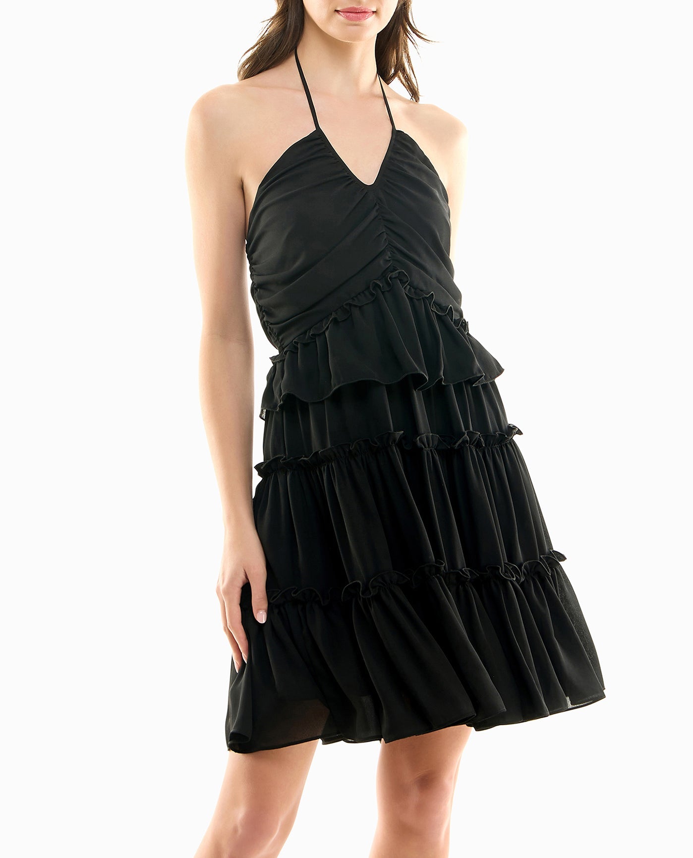 CLOSER FRONT ANGLE OF PRESLEY CHIFFON TIERED HALTER DRESS | Very Black