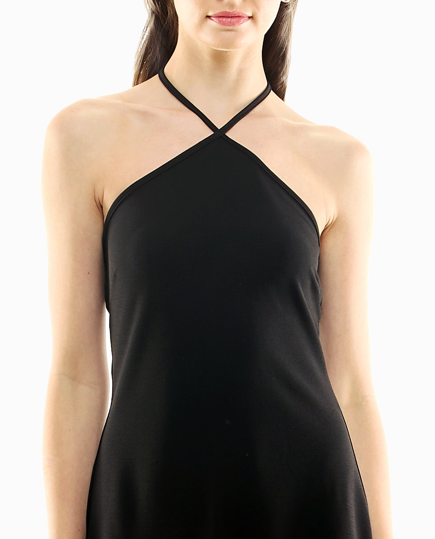 NECKLINE OF SYLVIE STRETCH CREPE FRINGED SHEATH DRESS | Very Black