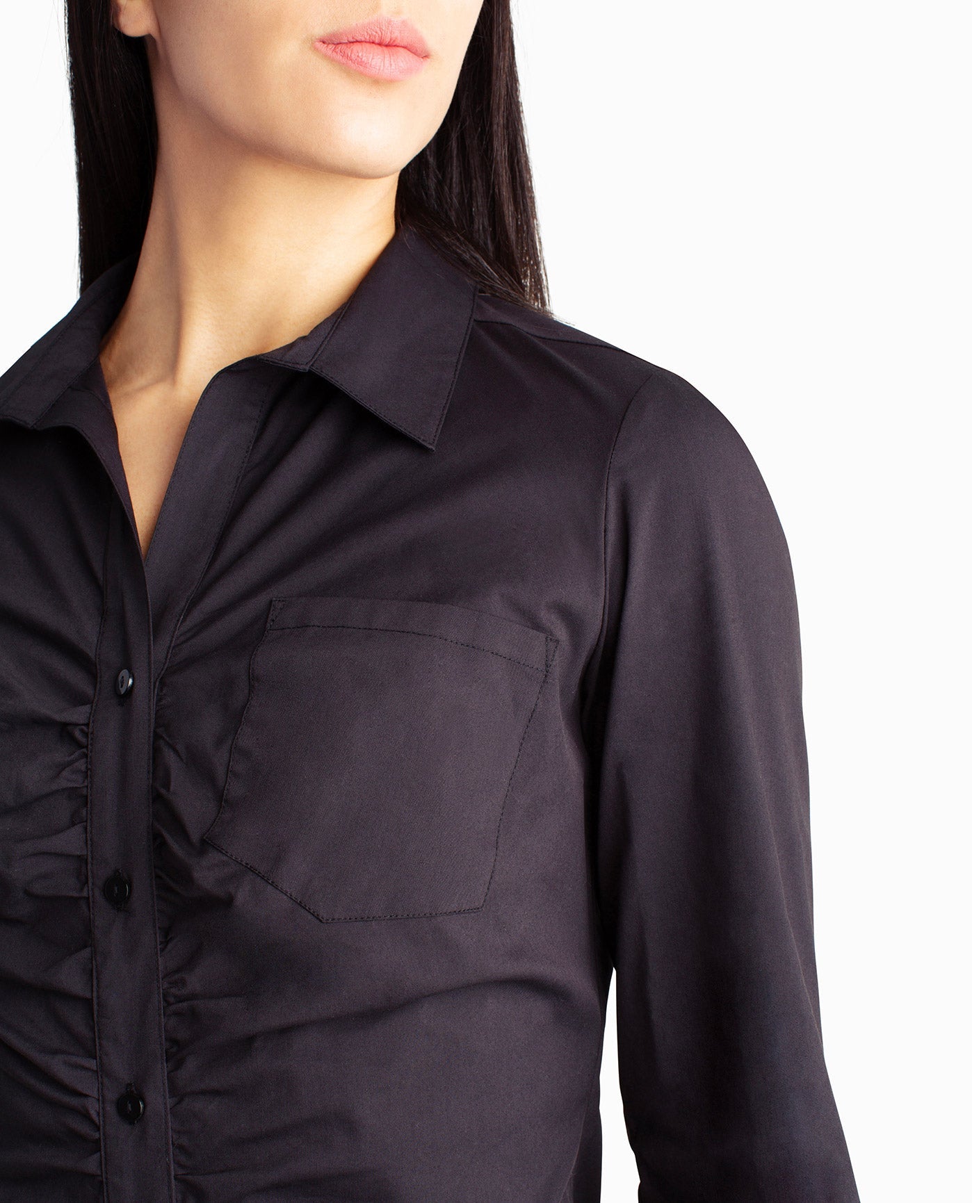 NECKLINE OF HARPER STRETCH RUCHED SHIRT DRESS | Very Black