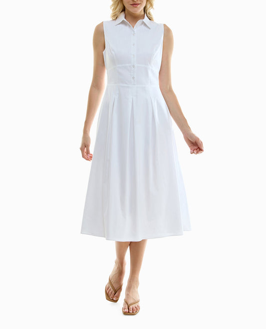 FRONT OF LUNA STRETCH POPLIN SLEEVELESS PLEATED SHIRT DRESS | Brilliant White