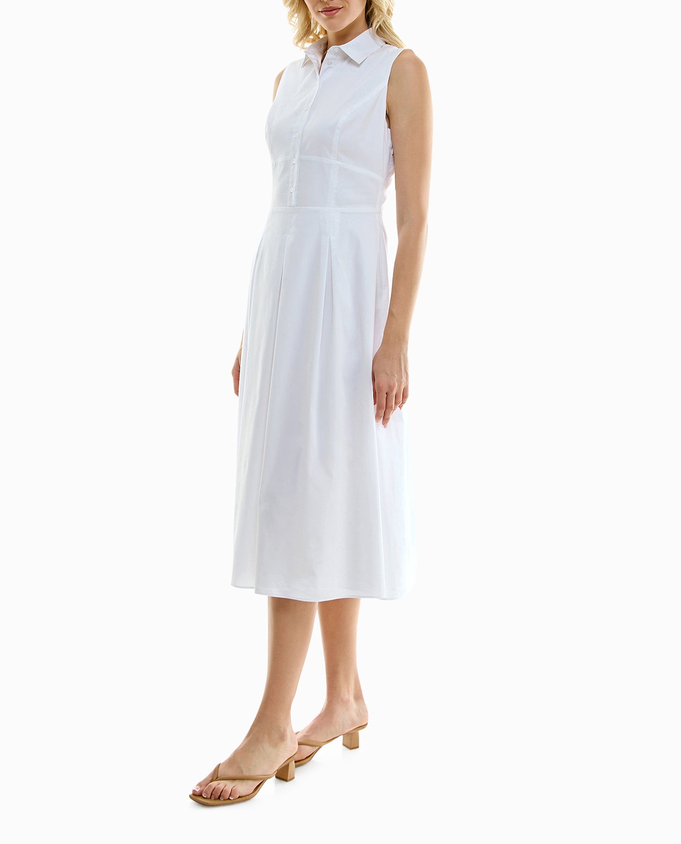 SIDE OF LUNA STRETCH POPLIN SLEEVELESS PLEATED SHIRT DRESS | Brilliant White