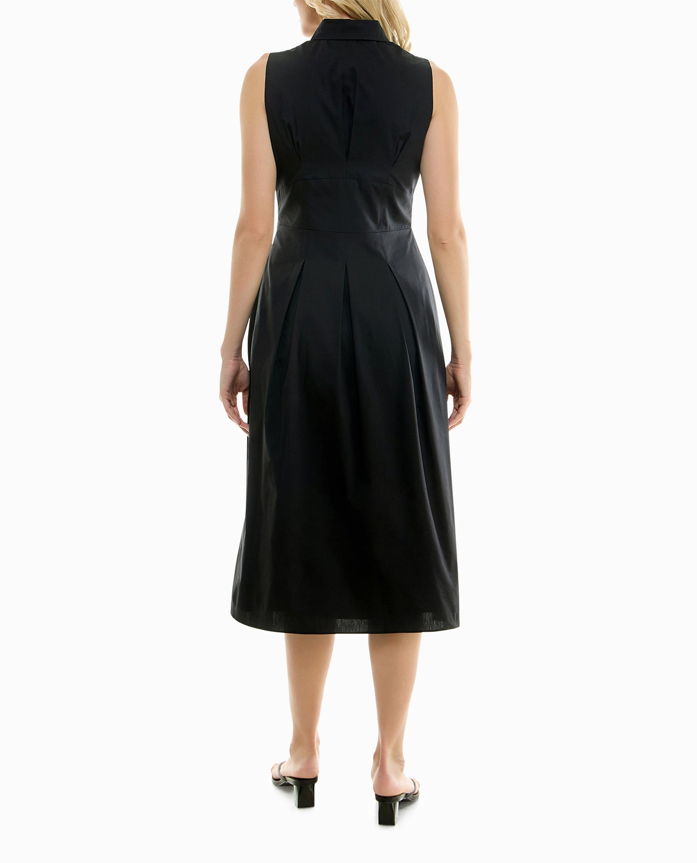 BACK OF LUNA STRETCH POPLIN SLEEVELESS PLEATED SHIRT DRESS | Very Black