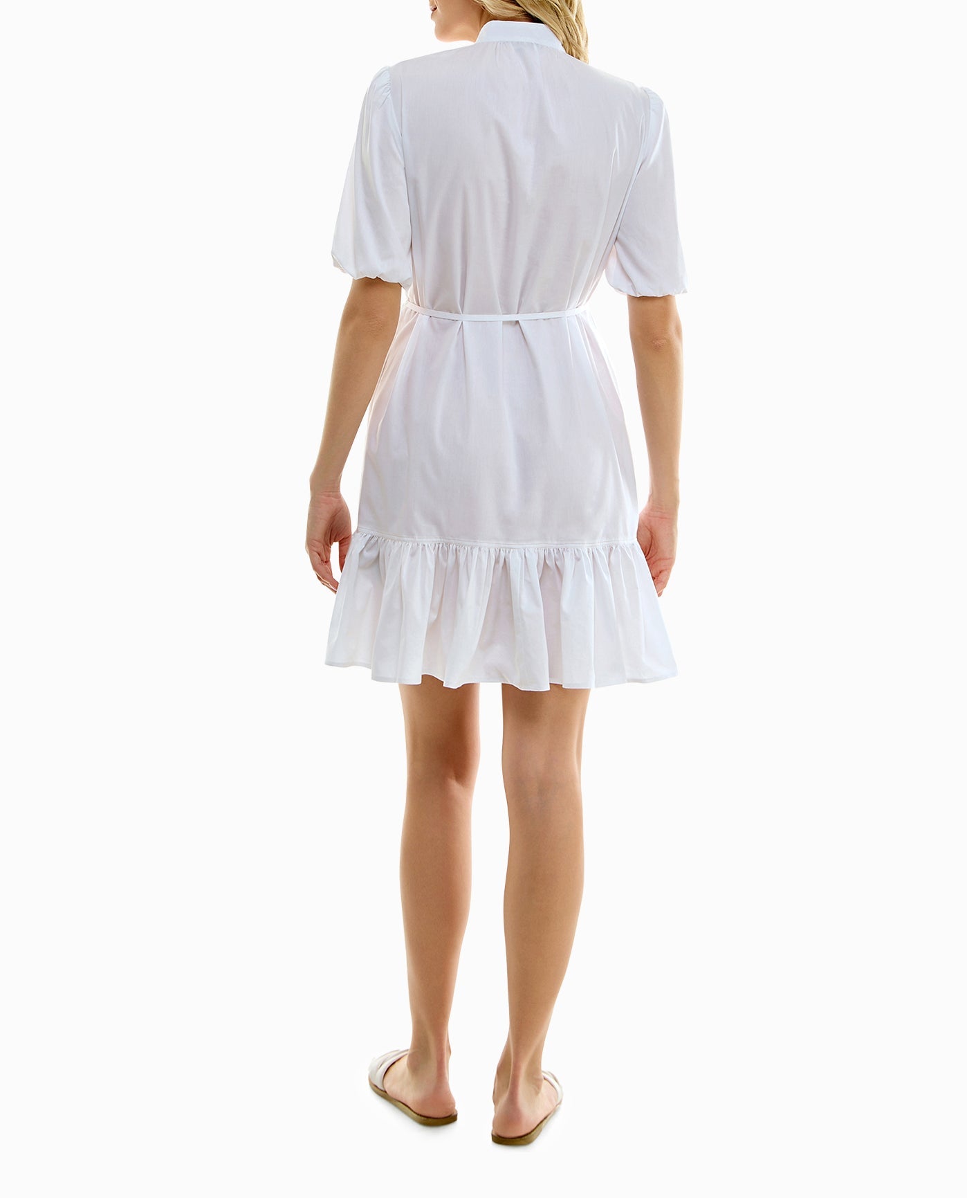 BACK OF CRYSTAL STRETCH POPLIN HALF SLEEVE TIERED SHIRT DRESS | Brilliant White and Sand