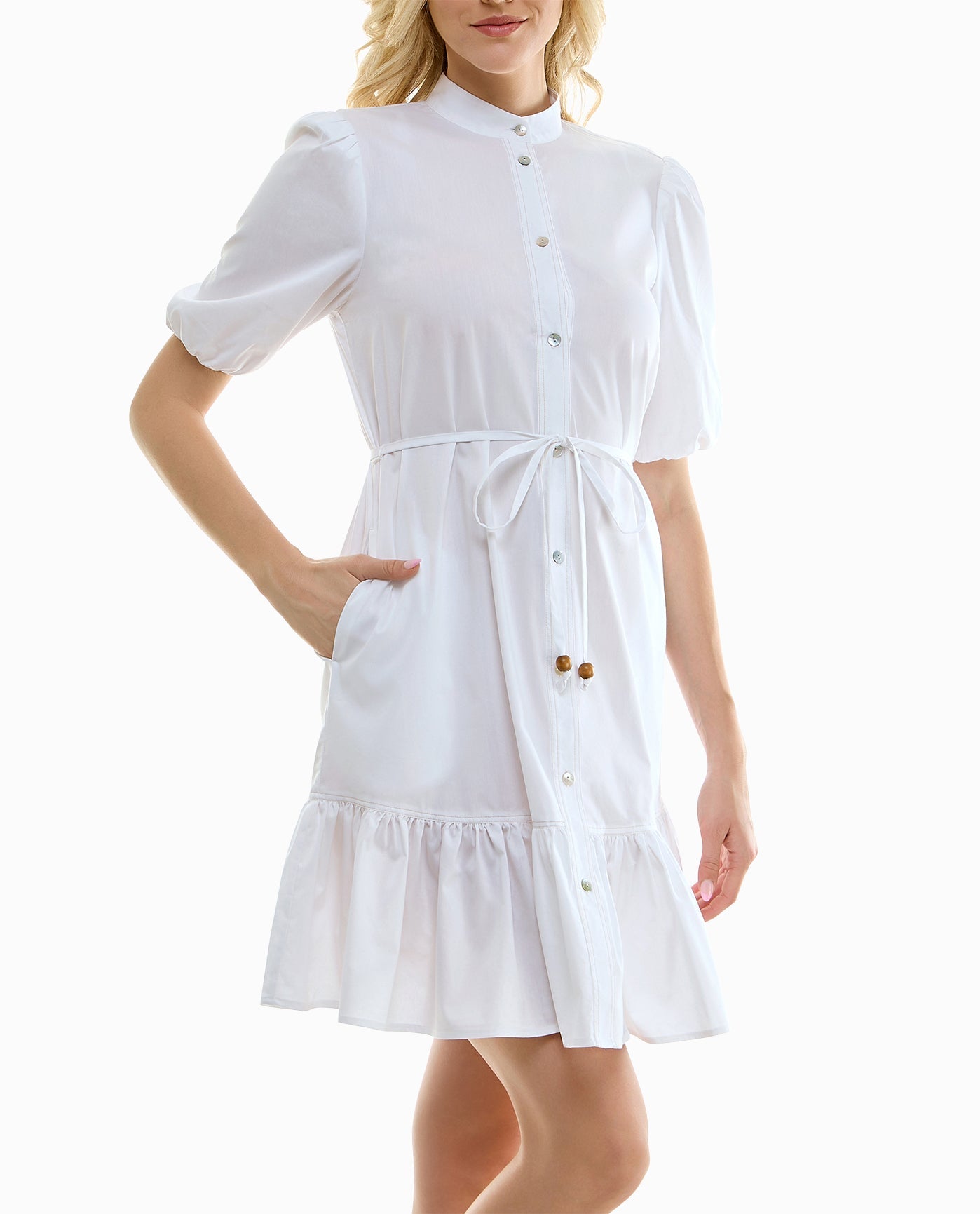 SIDE OF CRYSTAL STRETCH POPLIN HALF SLEEVE TIERED SHIRT DRESS | Brilliant White and Sand