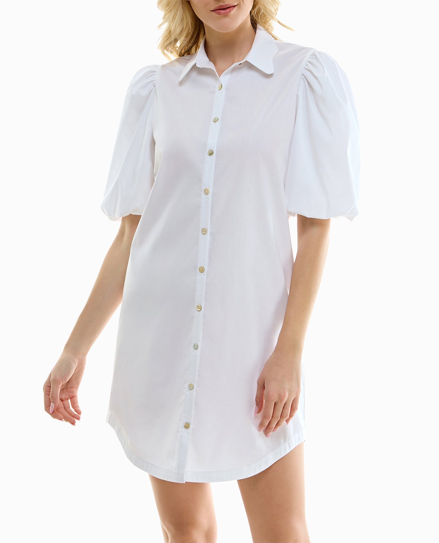 FRONT OF DAHLIA STRETCH POPLIN BLOUSON SLEEVE SHIRT DRESS | Brilliant White