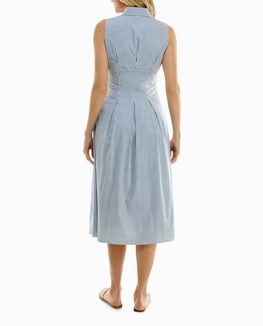 BACK OF STELLA STRETCH POPLIN SLEEVELESS PLEATED SHIRT DRESS | Light Blue and White