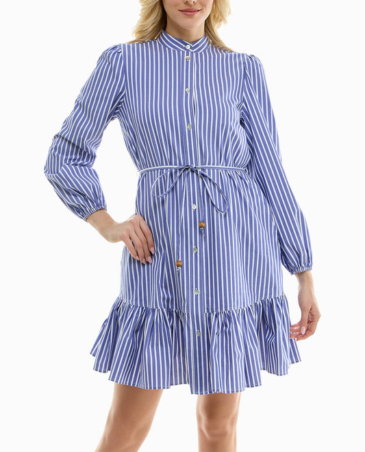 FRONT OF ADLEY STRETCH POPLIN LONG SLEEVE TIERED SHIRT DRESS | Blue and White