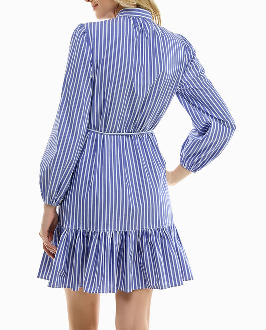 BACK OF ADLEY STRETCH POPLIN LONG SLEEVE TIERED SHIRT DRESS | Blue and White