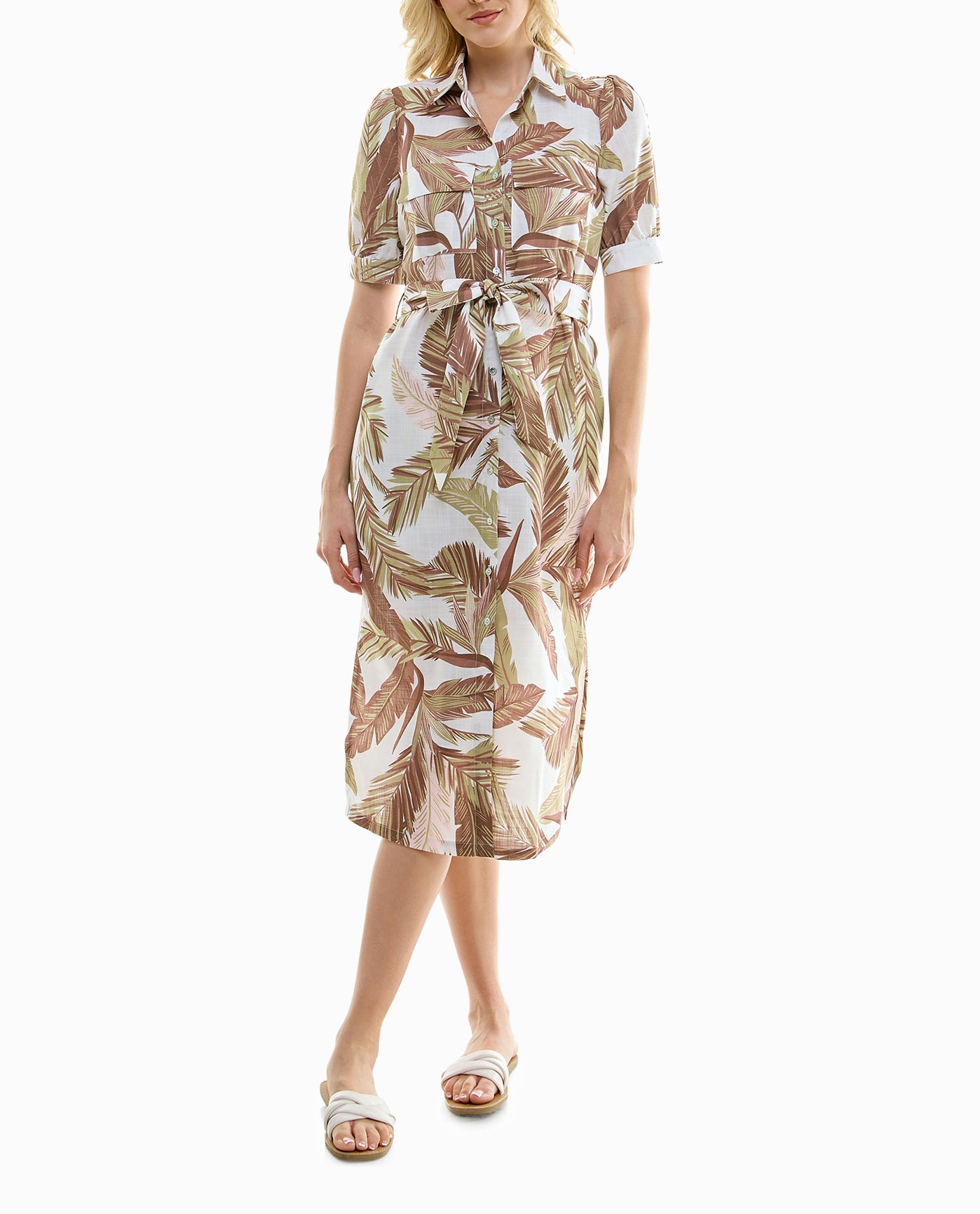 FRONT OF ZARIA LINEN SHORT SLEEVE BELTED SHIRT DRESS | White and Orange Print