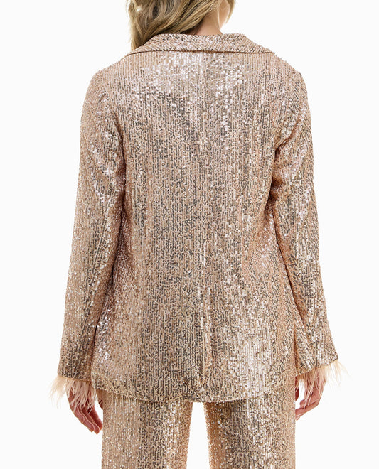 BACK OF CHARLOTTE ALL OVER SEQUIN FEATHER TRIMMED JACKET | Champagne Sequins