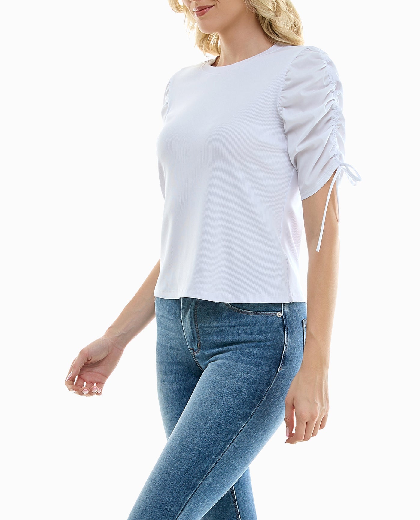 SIDE OF RAVEN KNIT ROUCHED SLEEVE TOP | Brilliant White