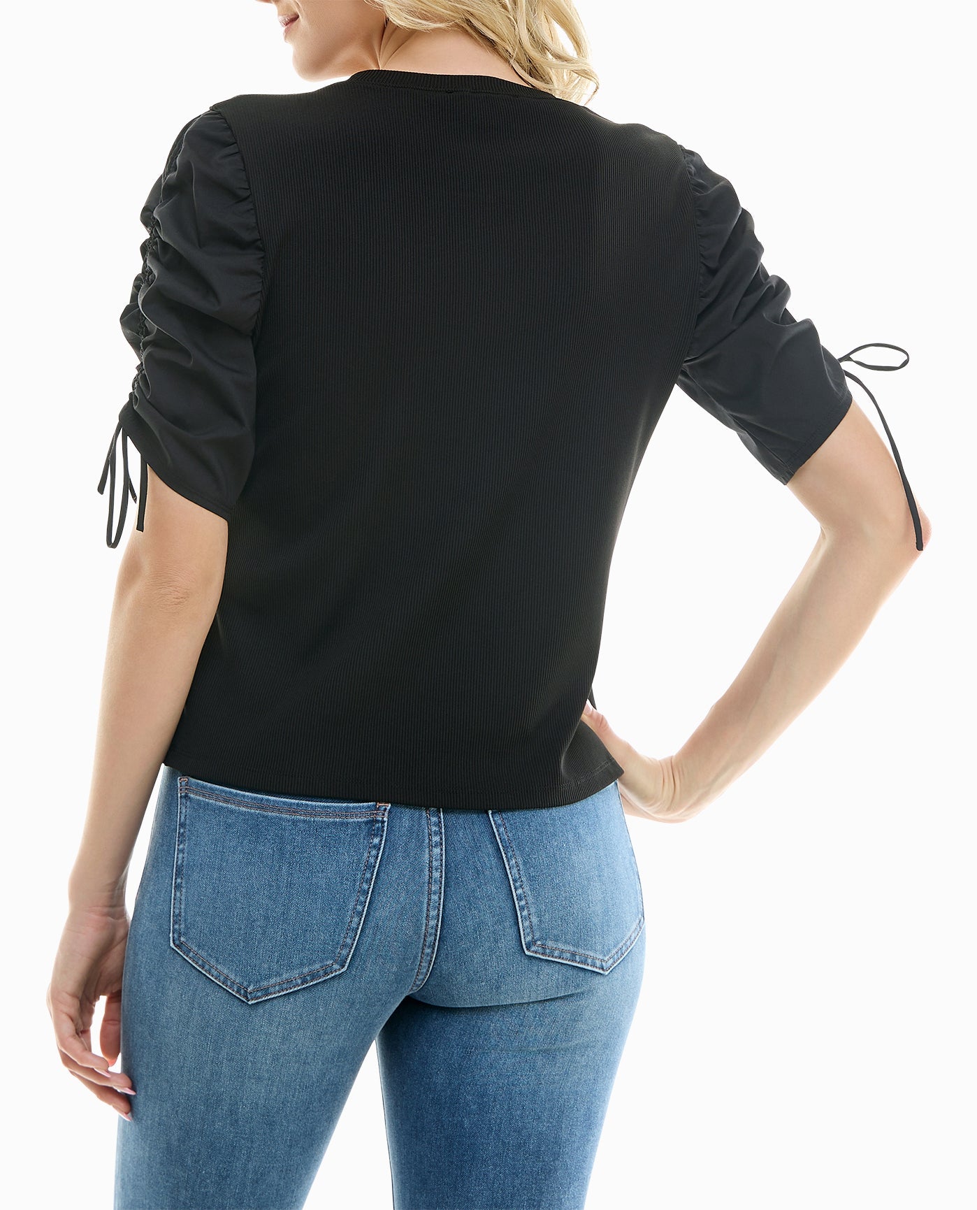 BACK OF RAVEN KNIT ROUCHED SLEEVE TOP | Very Black