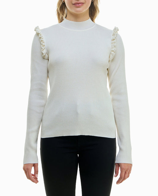 FRONT OF JOLIE SWEATER KNIT LONG SLEEVE RUFFLE TRIM SWEATER | Ivory