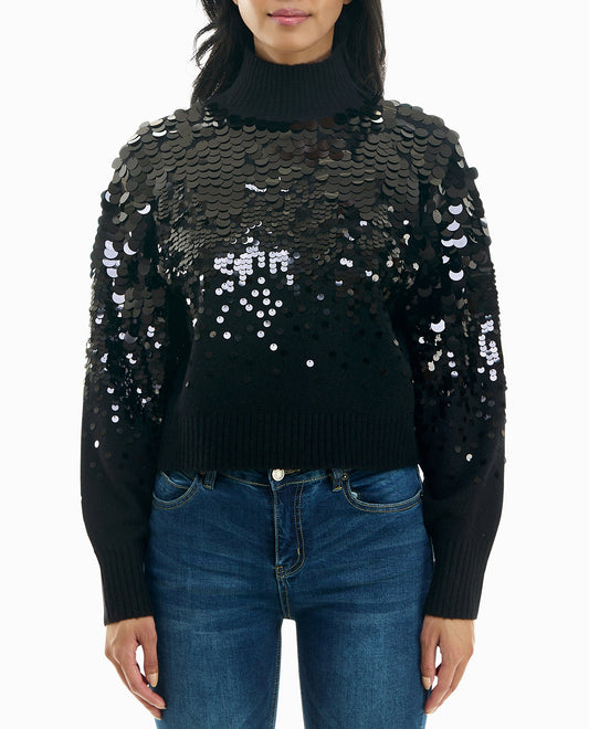 FRONT OF PAIGE ALL OVER PAILLETTES MOCK NECK SWEATER | Very Black