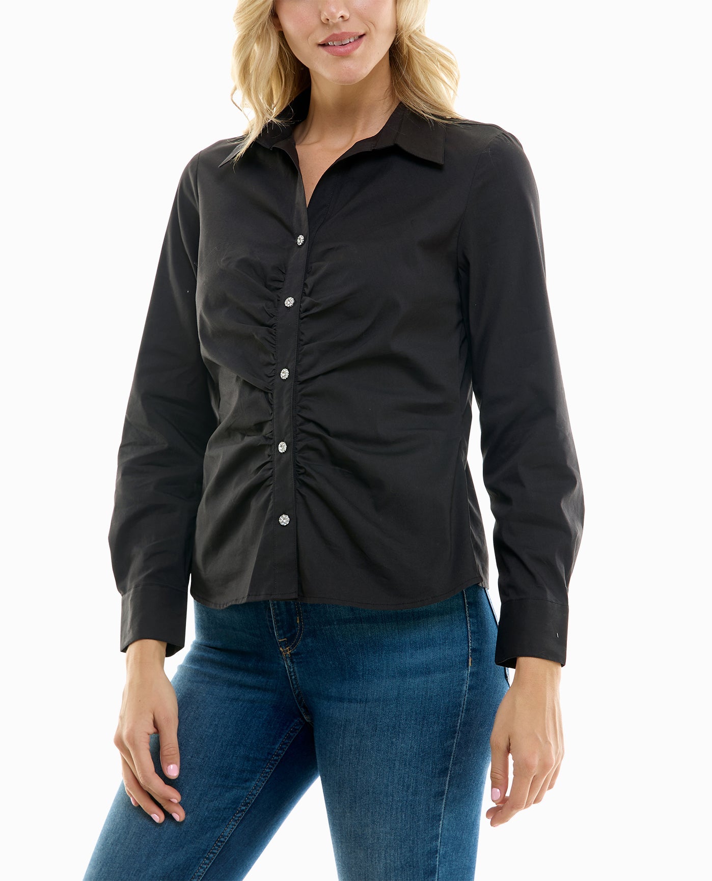 FRONT OF AMBER COTTON POPLIN STRETCH BUTTON DOWN SHIRT | Very Black