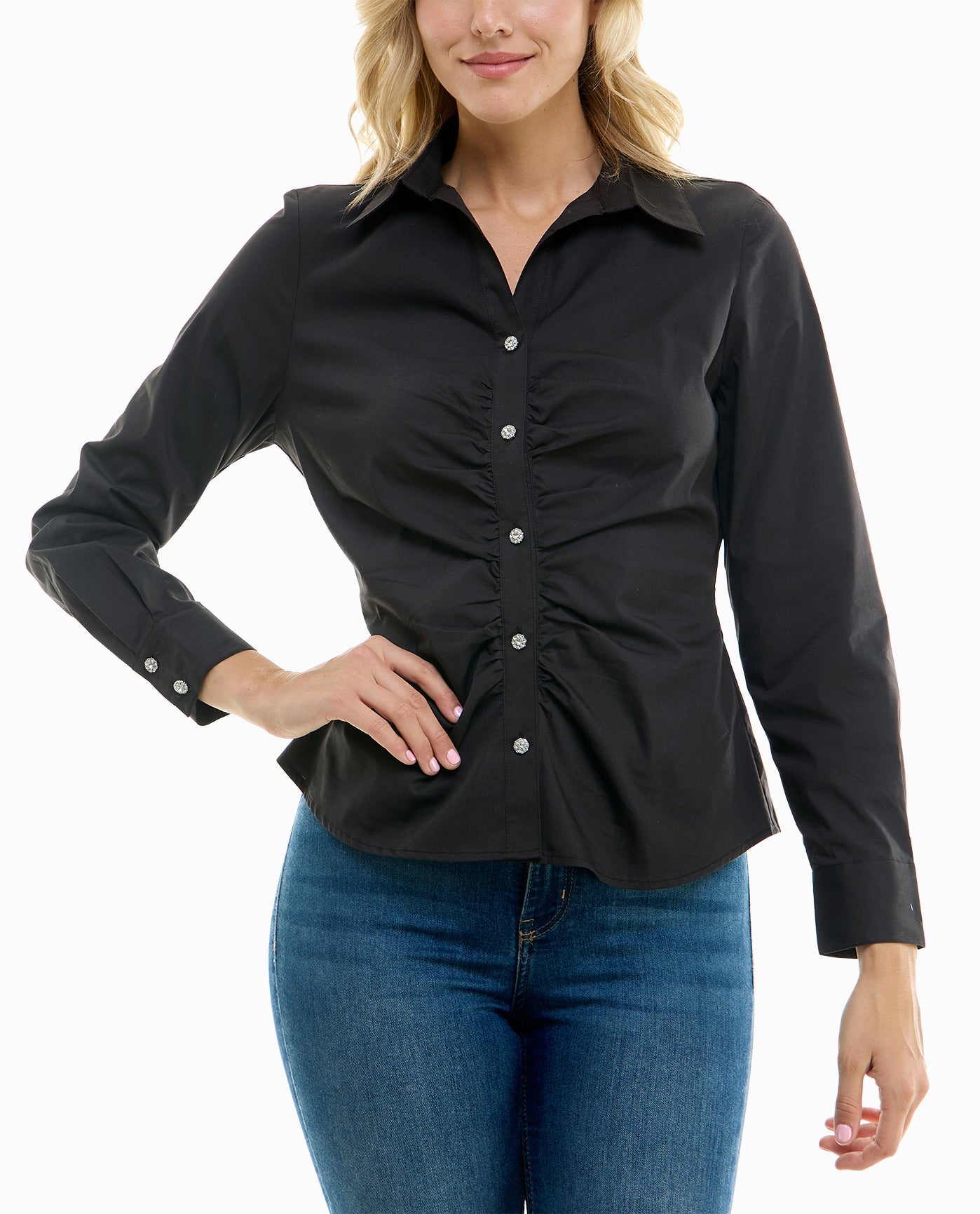 ALTERNATE FRONT VIEW OF AMBER COTTON POPLIN STRETCH BUTTON DOWN SHIRT | Very Black