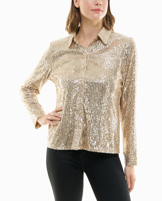 FRONT OF NORA SEQUIN BUTTON FRONT SHIRT | Champagne