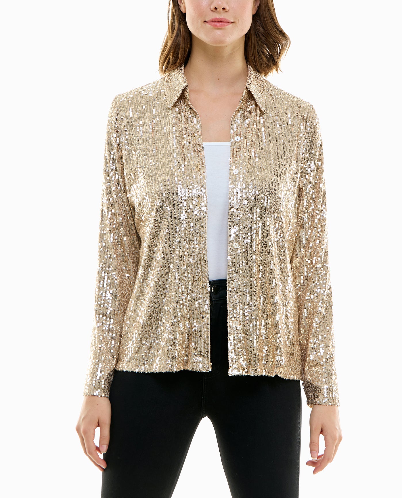 ALTERNATE FRONT VIEW OF NORA SEQUIN BUTTON FRONT SHIRT | Champagne