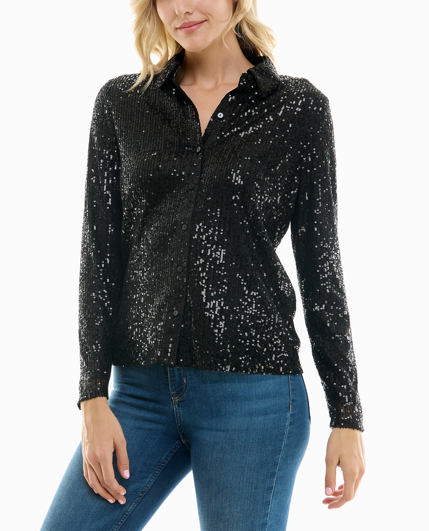 FRONT OF NORA SEQUIN BUTTON FRONT SHIRT | Very Black