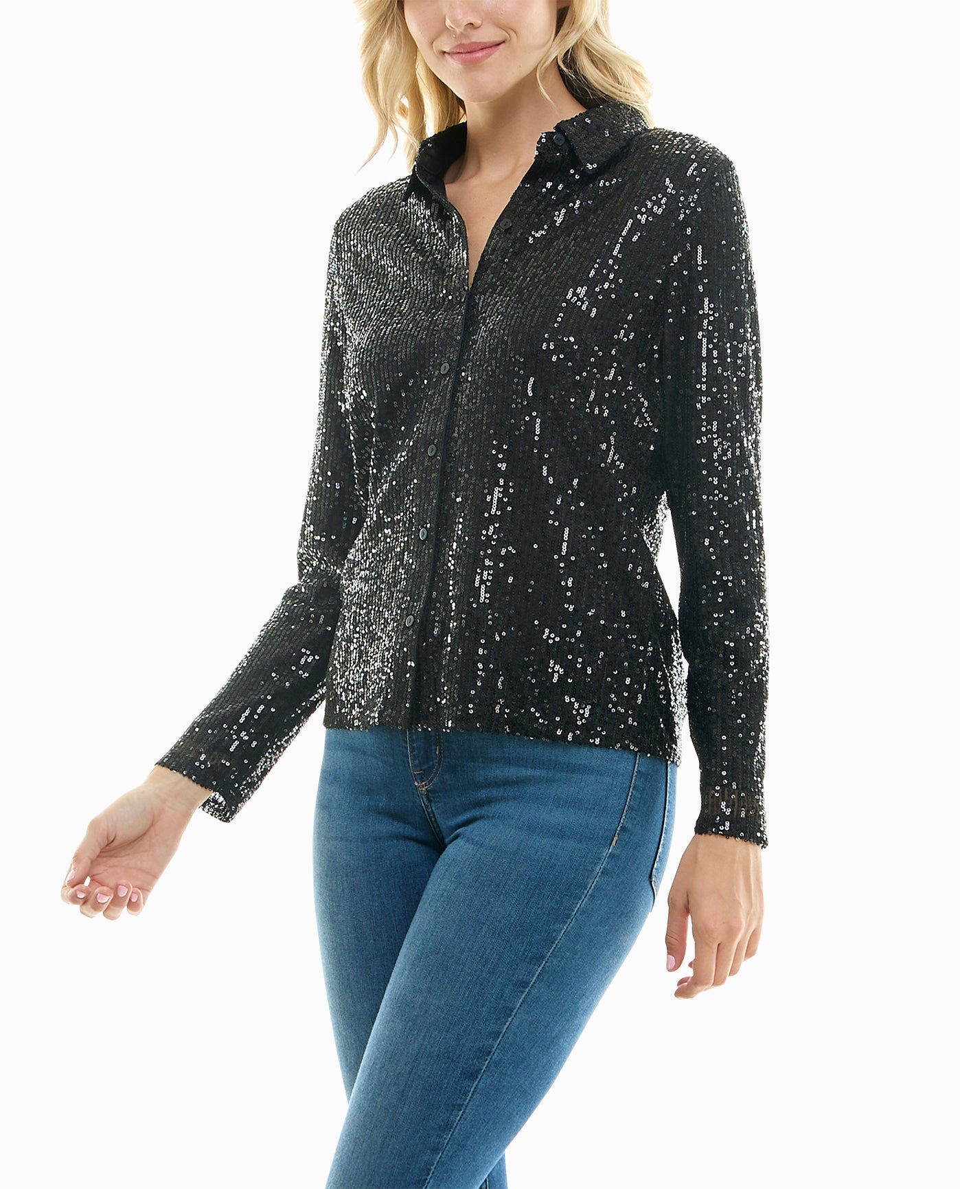 SIDE OF NORA SEQUIN BUTTON FRONT SHIRT | Very Black