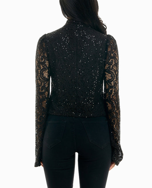 BACK OF MAUDE SEQUINED LACE BELL SLEEVE TOP | Very Black