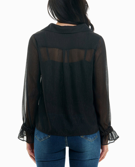 BACK OF MIA LUREX CHIFFON LONG SLEEVE BLOUSE WITH CAMISOLE | Very Black