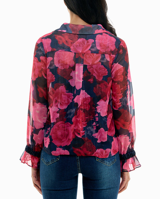 BACK OF MIA LUREX CHIFFON LONG SLEEVE BLOUSE WITH CAMISOLE | Red and Navy Print