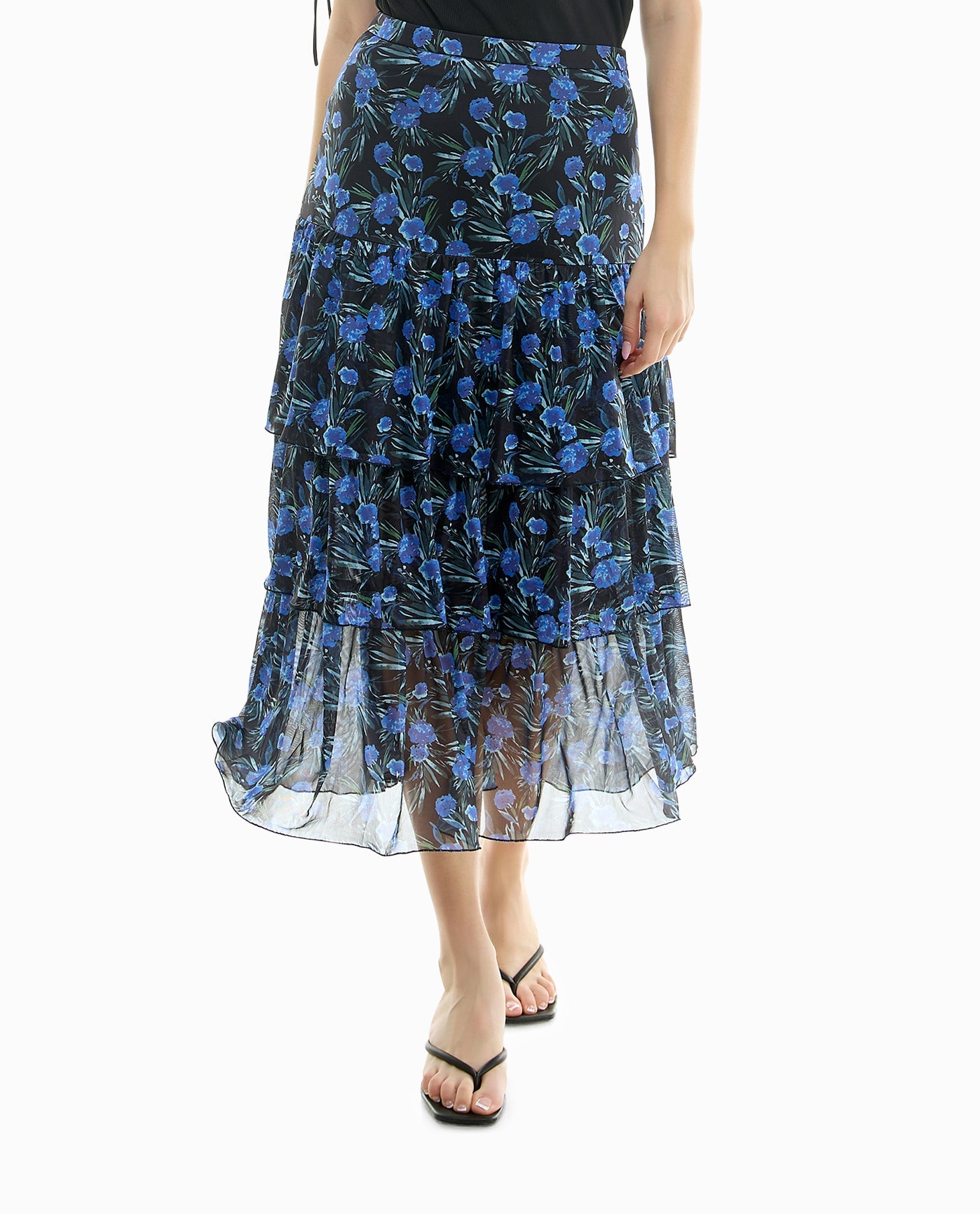 FRONT OF FLORA KNIT MESH LONG TIERED SKIRT | Navy Print