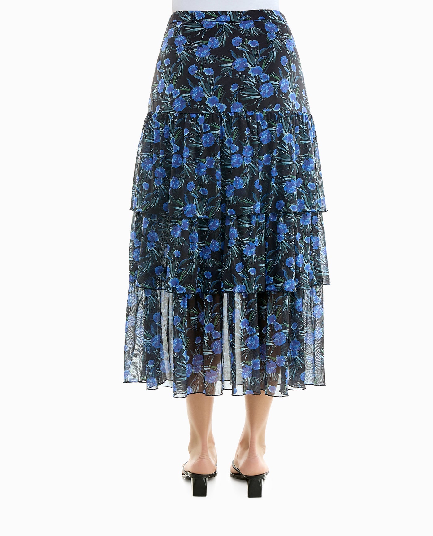 BACK OF FLORA KNIT MESH LONG TIERED SKIRT | Navy Print