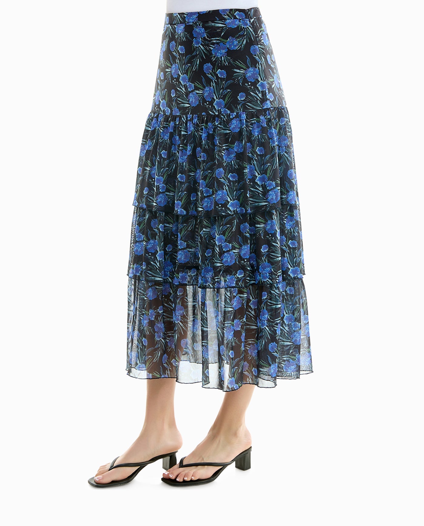 SIDE OF FLORA KNIT MESH LONG TIERED SKIRT | Navy Print
