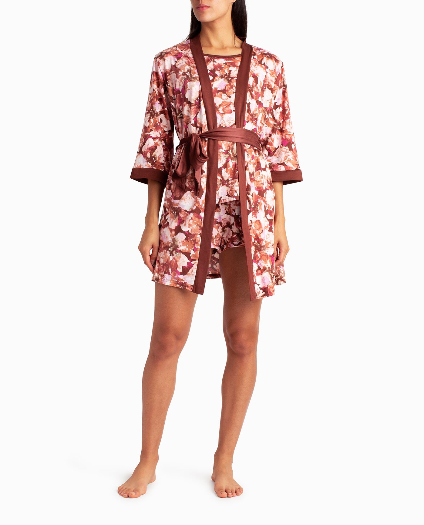 FRONT OF PEACHED JERSEY THREE-PIECE SLEEPWEAR SET | Cacao Floral