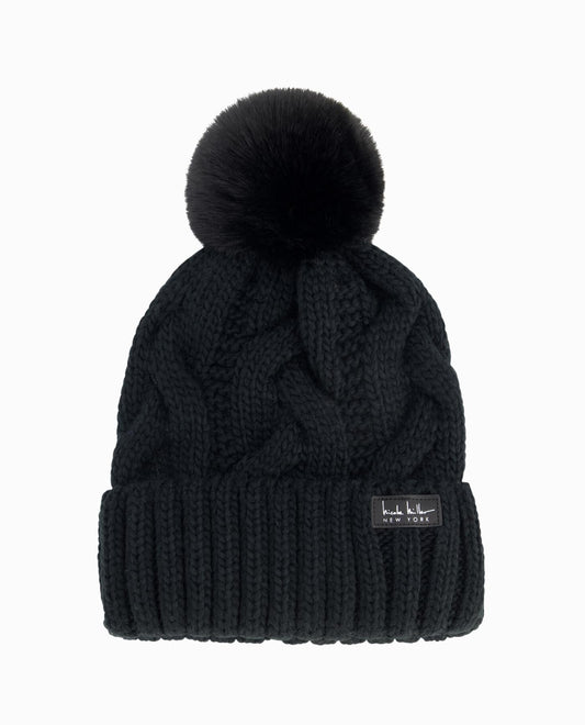 FRONT OF CABLE KNIT POM BEANIE | Black