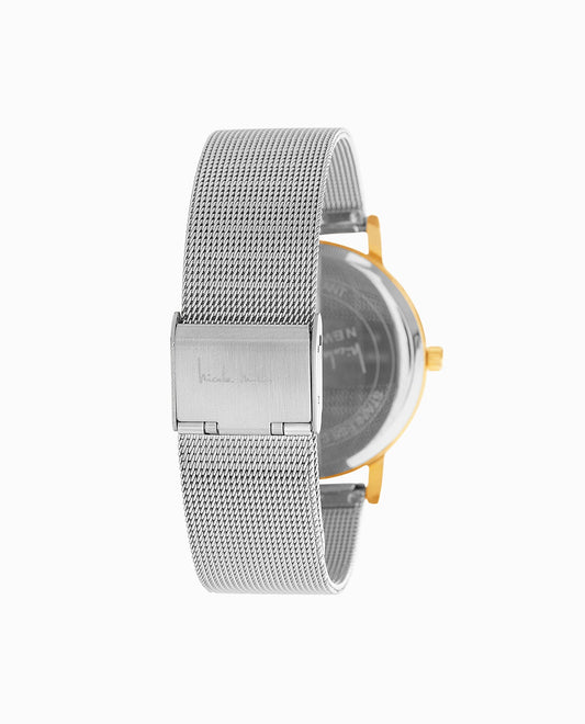 GOLD TONE STAINLESS STEEL BRACELET WATCH, 36mm BAND CLOSE UP | Gold And Silver