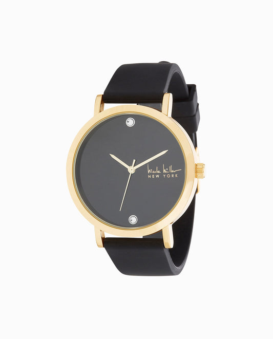 FRONT OF GOLD TONE SILICONE STRAP WATCH, 38MM | Black