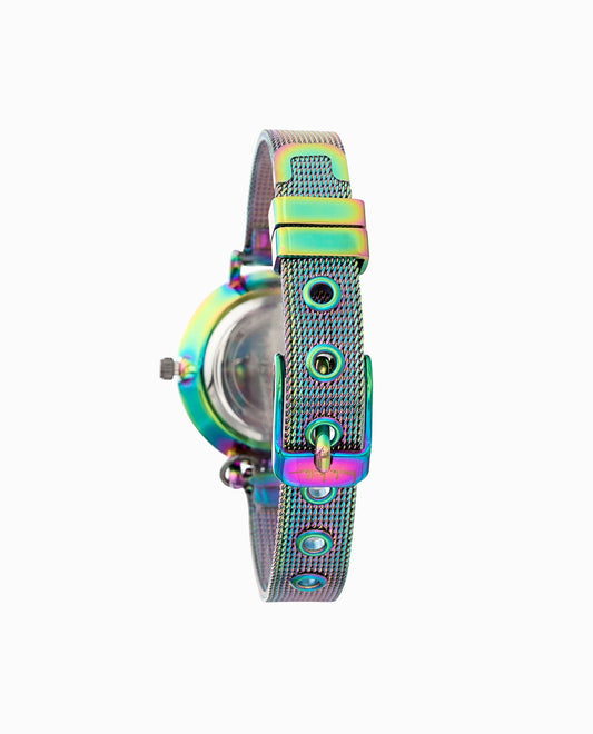 IRIDESCENT TONE STAINLESS STEEL STRAP WATCH, 28mm BAND CLOSE UP | Iridescent