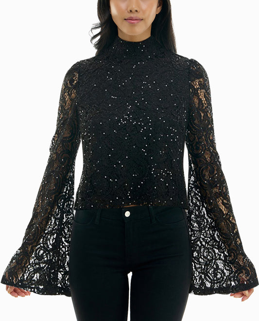 FRONT OF MAUDE SEQUINED LACE BELL SLEEVE TOP | Very Black