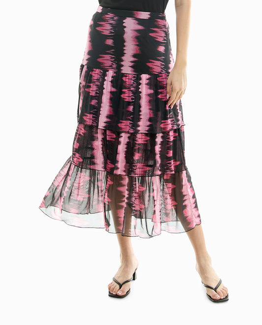 FRONT OF FLORA KNIT MESH LONG TIERED SKIRT | Pink Tie Dye
