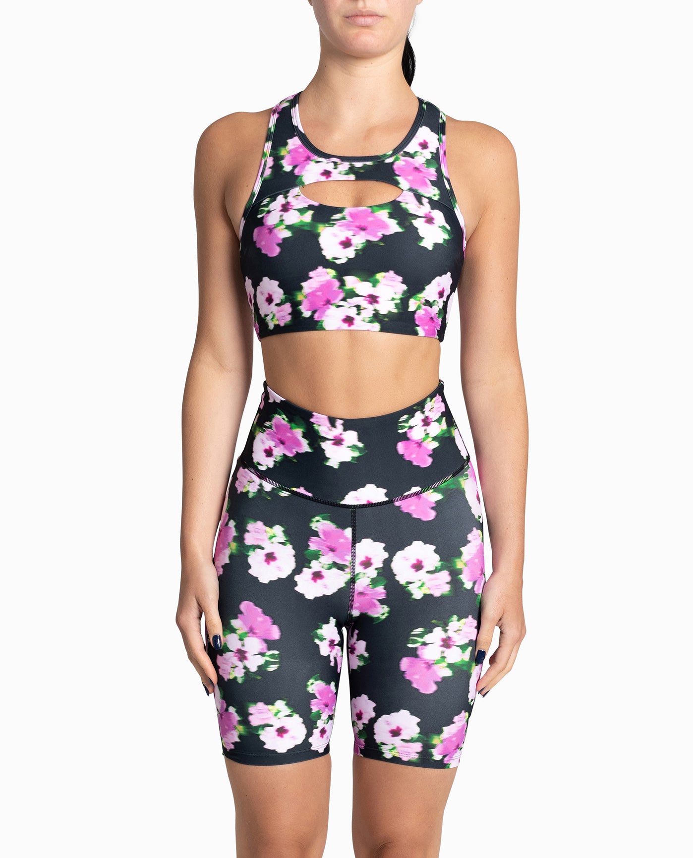 FRONT OF CUT OUT RACERBACK SPORTS BRA | Pink and Black Floral