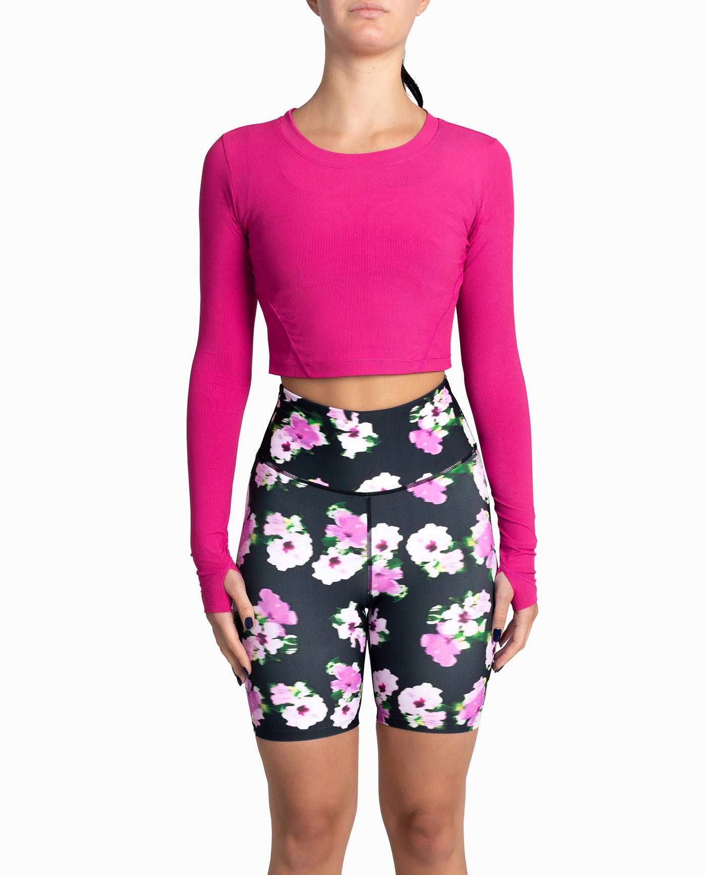 FRONT OF CROPPED ACTIVE LONG SLEEVE TOP | Fuchsia