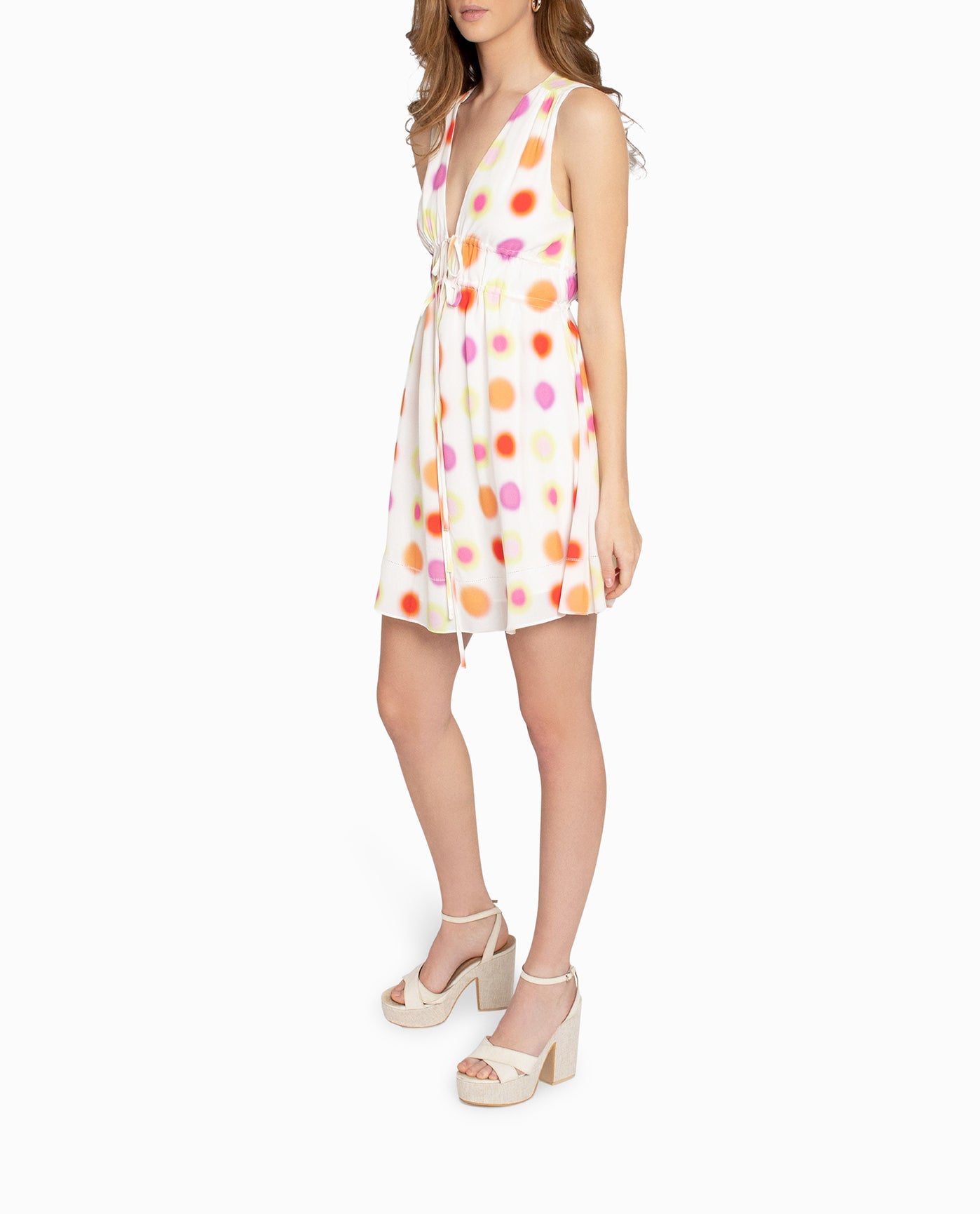 SIDE OF RADIANT AURA SILK MINI DRESS WITH TIE FRONT | WHITE AURA DOT