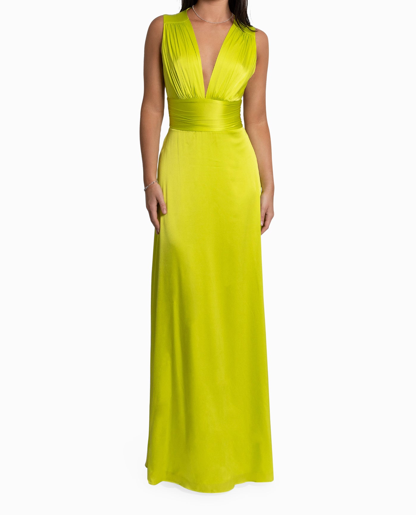 FRONT OF STRETCH SILK CHARMEUSE PLUNGE GOWN | LIME