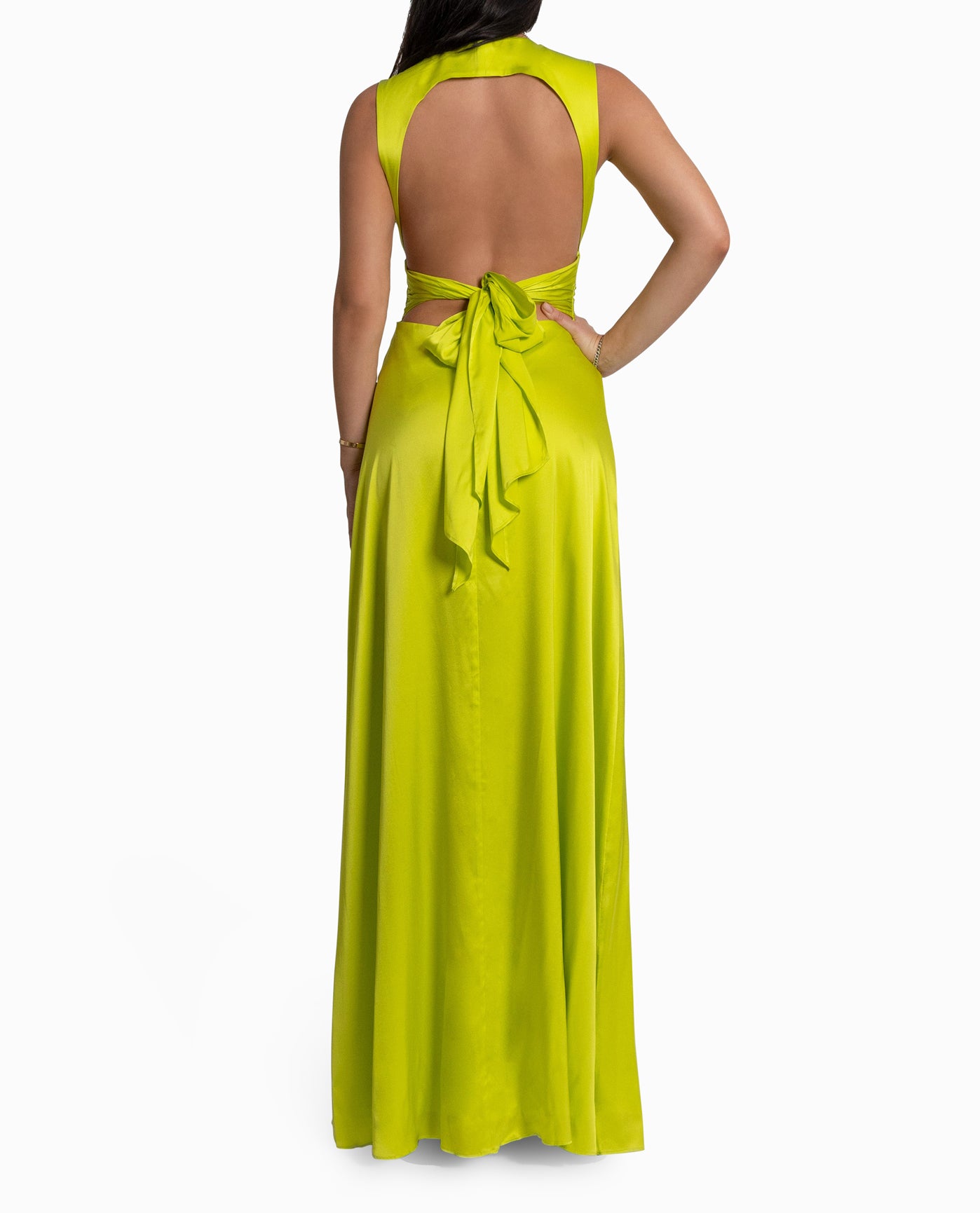 BACK OF STRETCH SILK CHARMEUSE PLUNGE GOWN | LIME